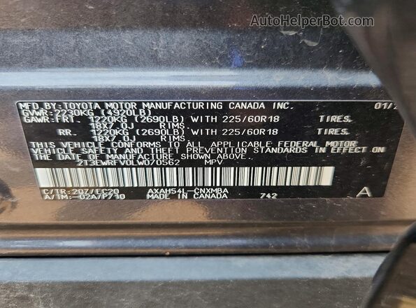 2T3EWRFV0LW070562 2020 TOYOTA RAV4 Gray Vista de la etiqueta del VIN