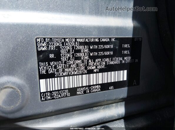 2T3EWRFV3KW028126 2019 TOYOTA RAV4 HYBRID Silver Vista del compartimento del motor