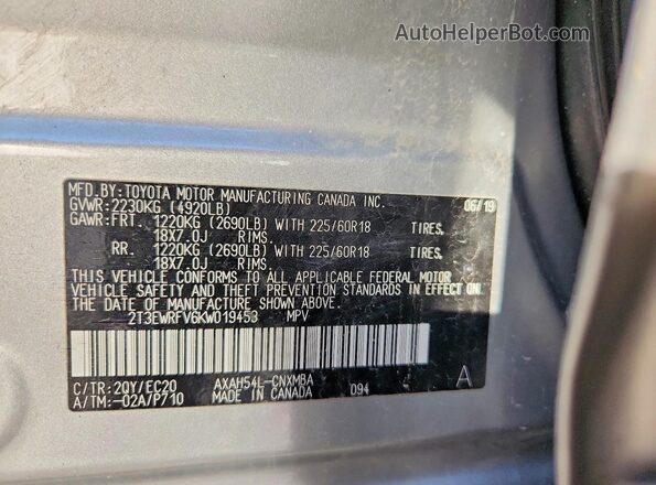 2T3EWRFV6KW019453 2019 TOYOTA RAV4 Silver Շարժիչի բաժամունքի տեսք