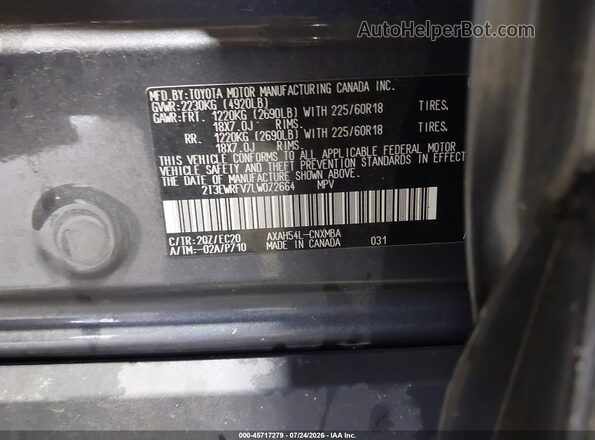 2T3EWRFV7LW072664 2020 TOYOTA RAV4 HYBRID Gray Engine compartment view
