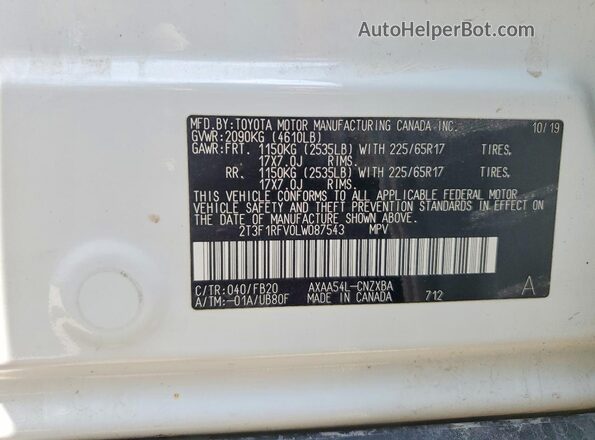 2T3F1RFV0LW087543 2020 TOYOTA RAV4 White VIN კოდის სტიკერის ხედი