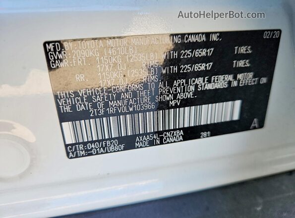 2T3F1RFV0LW103966 2020 TOYOTA RAV4 White VIN კოდის სტიკერის ხედი