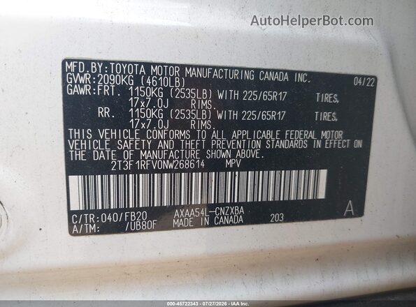 2T3F1RFV0NW268614 2022 TOYOTA RAV4 White Вид підкапотного простору