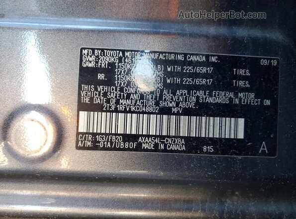 2T3F1RFV1KC048802 2019 TOYOTA RAV4 Gray VIN sticker view