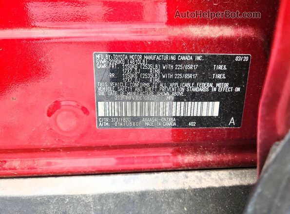 2T3F1RFV1LC108207 2020 TOYOTA RAV4 Red Вид наклейки з VIN-кодом