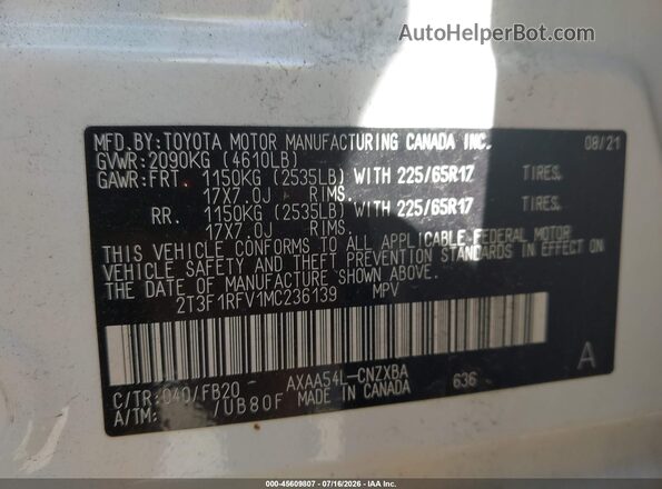 2T3F1RFV1MC236139 2021 TOYOTA RAV4 White Вид підкапотного простору