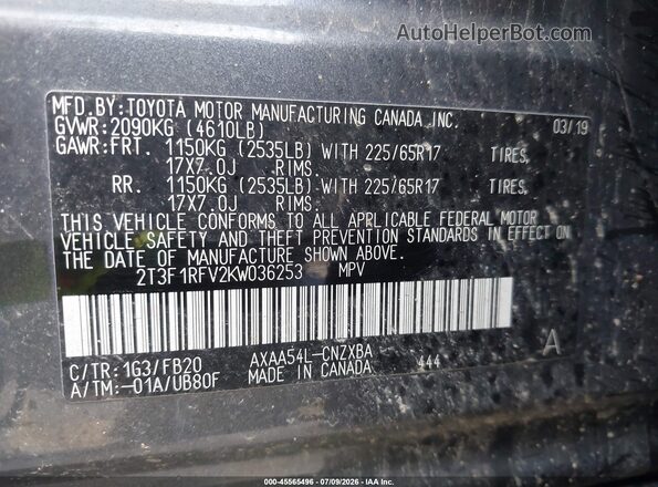 2T3F1RFV2KW036253 2019 TOYOTA RAV4 Gray Շարժիչի բաժամունքի տեսք