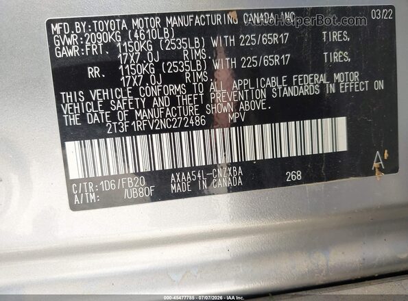 2T3F1RFV2NC272486 2022 TOYOTA RAV4 Silver ძრავის განყოფილების ხედი