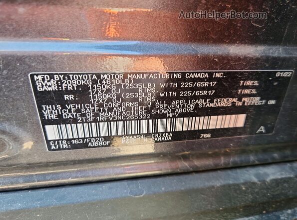 2T3F1RFV3NC265322 2022 TOYOTA RAV4 Gray Панорамний вид салону 360°