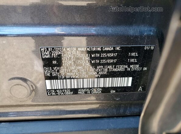 2T3F1RFV4KW010589 2019 TOYOTA RAV4 Серый Вид наклейки с VIN-кодом