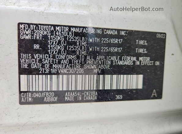 2T3F1RFV4NC307206 2022 TOYOTA RAV4 White Widok naklejki z numerem VIN