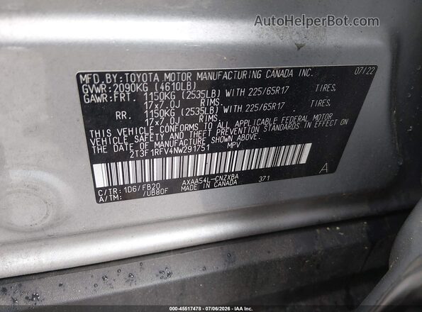 2T3F1RFV4NW291751 2022 TOYOTA RAV4 Silver Widok komory silnika
