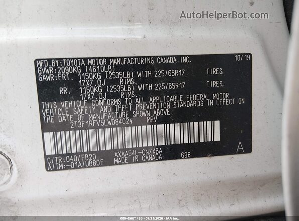 2T3F1RFV5LW084024 2020 TOYOTA RAV4 White Շարժիչի բաժամունքի տեսք