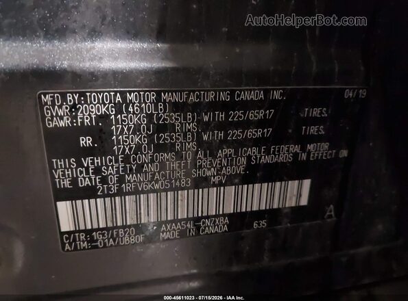 2T3F1RFV6KW051483 2019 TOYOTA RAV4 Серый Вид подкапотного пространства