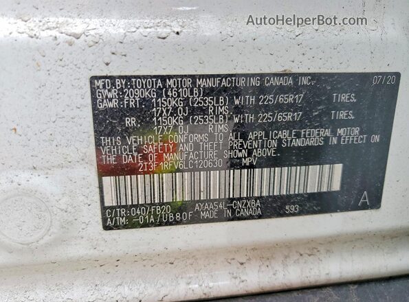 2T3F1RFV6LC120630 2020 TOYOTA RAV4 White VIN կոդի պիտակի տեսք