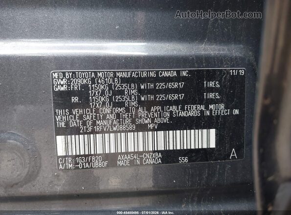 2T3F1RFV7LW088589 2020 TOYOTA RAV4 Gray Vista del compartimento del motor