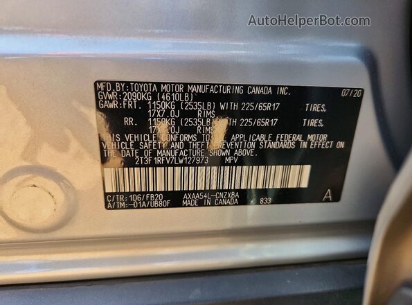 2T3F1RFV7LW127973 2020 TOYOTA RAV4 Silver Vista de la etiqueta del VIN