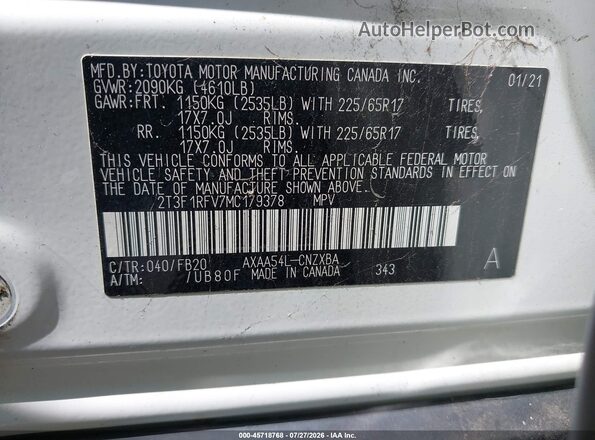 2T3F1RFV7MC179378 2021 TOYOTA RAV4 Белый Вид подкапотного пространства