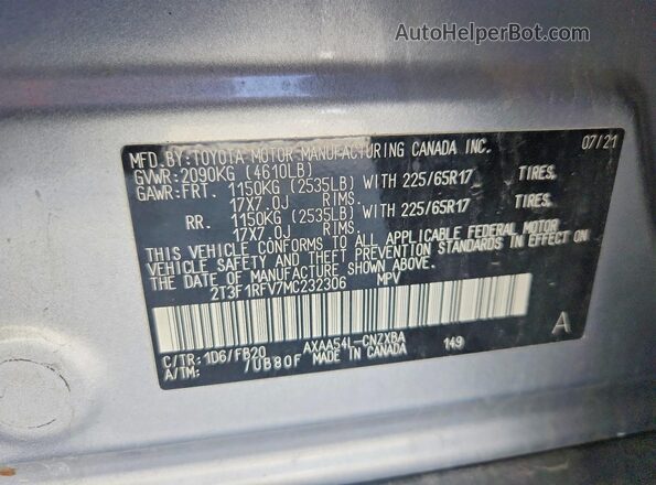 2T3F1RFV7MC232306 2021 TOYOTA RAV4 Серый Панорамный вид салона 360°