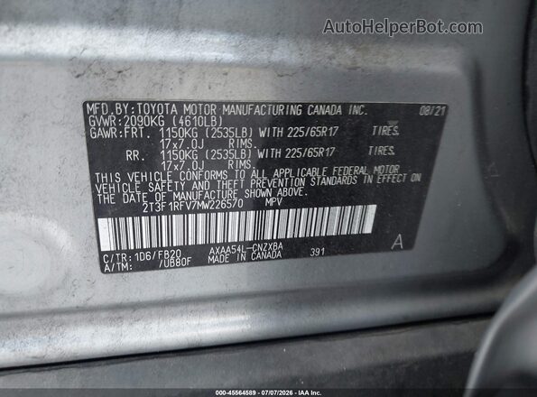 2T3F1RFV7MW226570 2021 TOYOTA RAV4 Silver Vista del compartimento del motor
