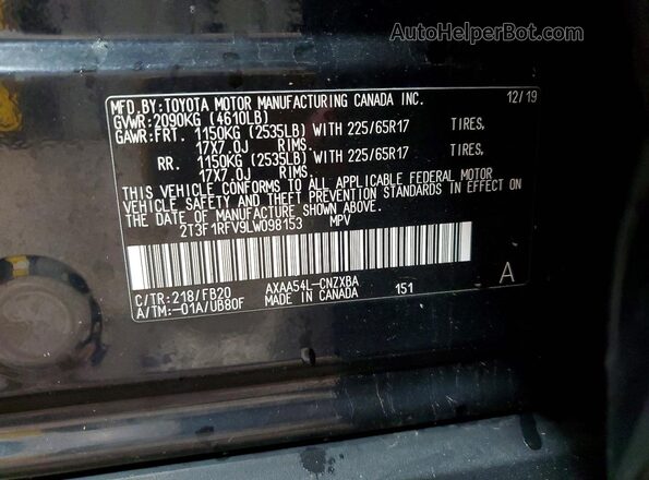 2T3F1RFV9LW098153 2020 TOYOTA RAV4 Black Vista de la etiqueta del VIN