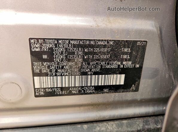 2T3F1RFV9MC210680 2021 TOYOTA RAV4 Серебряный Вид наклейки с VIN-кодом