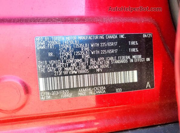 2T3F1RFV9MW198805 2021 TOYOTA RAV4 Red Vista de la etiqueta del VIN
