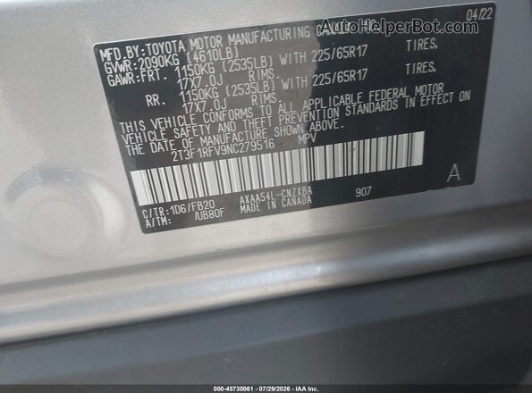2T3F1RFV9NC279516 2022 TOYOTA RAV4 Silver Widok komory silnika