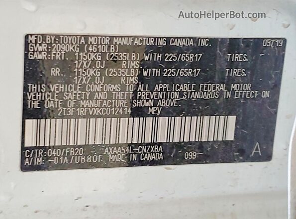 2T3F1RFVXKC012414 2019 TOYOTA RAV4 White VIN կոդի պիտակի տեսք