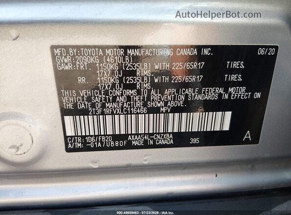 2T3F1RFVXLC116466 2020 TOYOTA RAV4 Silver Vista del compartimento del motor
