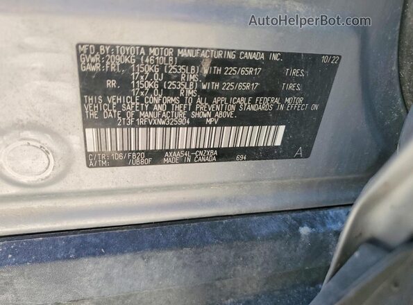 2T3F1RFVXNW325904 2022 TOYOTA RAV4 Silver Vista de la etiqueta del VIN