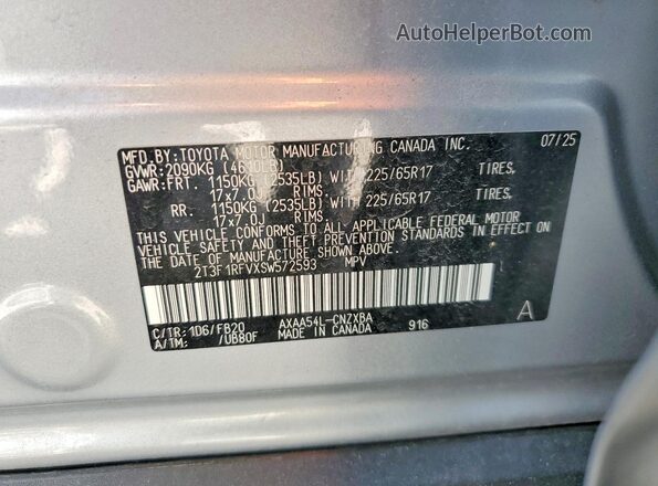 2T3F1RFVXSW572593 2025 TOYOTA RAV4 Silver Vista de la etiqueta del VIN