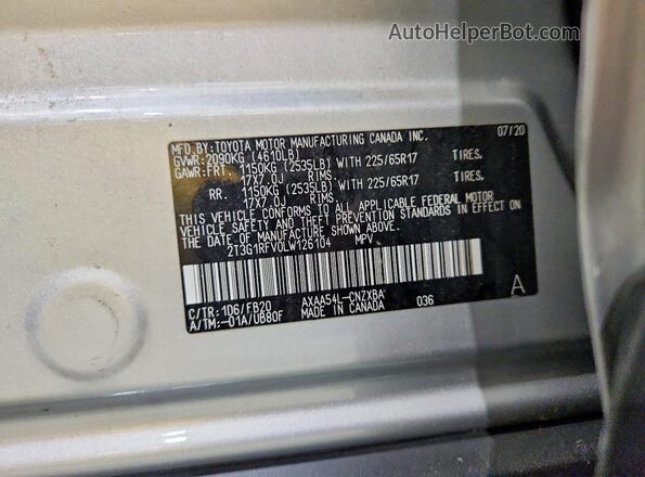 2T3G1RFV0LW126104 2020 TOYOTA RAV4 Gray VIN კოდის სტიკერის ხედი