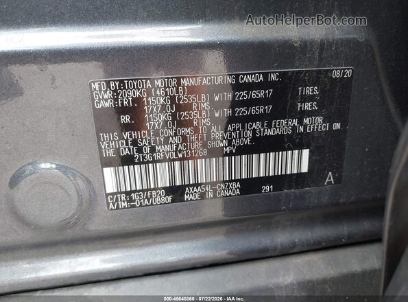 2T3G1RFV0LW131268 2020 TOYOTA RAV4 Gray Շարժիչի բաժամունքի տեսք