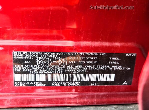 2T3G1RFV0MW183761 2021 TOYOTA RAV4 Бордовый Вид наклейки с VIN-кодом