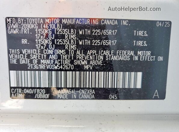 2T3G1RFV0SW542670 2025 TOYOTA RAV4 White Widok naklejki z numerem VIN