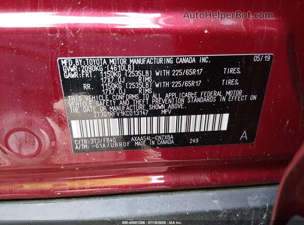 2T3G1RFV1KC013147 2019 TOYOTA RAV4 Maroon Вид підкапотного простору