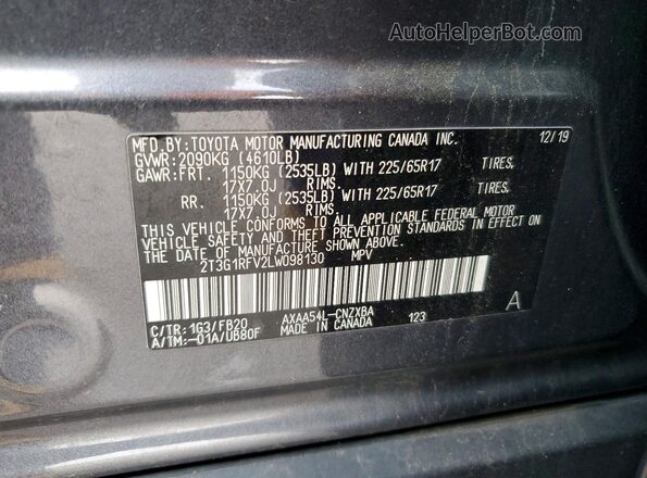 2T3G1RFV2LW098130 2020 TOYOTA RAV4 Gray VIN კოდის სტიკერის ხედი