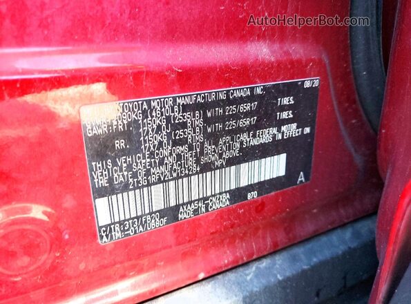 2T3G1RFV2LW134284 2020 TOYOTA RAV4 Красный Вид наклейки с VIN-кодом