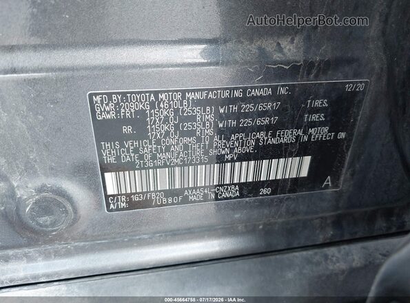 2T3G1RFV2MC173315 2021 TOYOTA RAV4 Gray Вид підкапотного простору