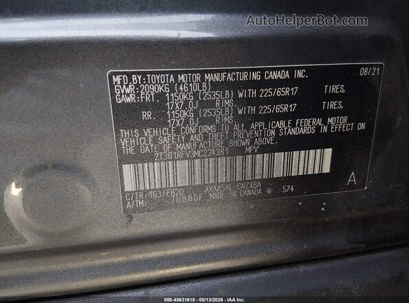 2T3G1RFV3MC234381 2021 TOYOTA RAV4 Gray Vista del compartimento del motor