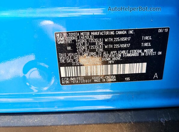 2T3G1RFV4KC023462 2019 TOYOTA RAV4 Blue VIN კოდის სტიკერის ხედი
