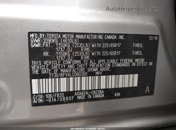 2T3G1RFV4LC080360 2020 TOYOTA RAV4 Silver Vista del compartimento del motor