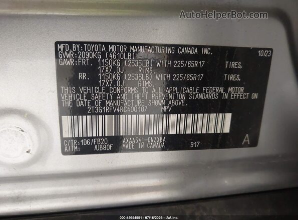 2T3G1RFV4RC400107 2024 TOYOTA RAV4 Silver Вид підкапотного простору