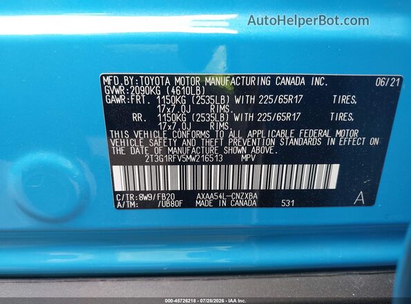 2T3G1RFV5MW216513 2021 TOYOTA RAV4 Blue Widok komory silnika