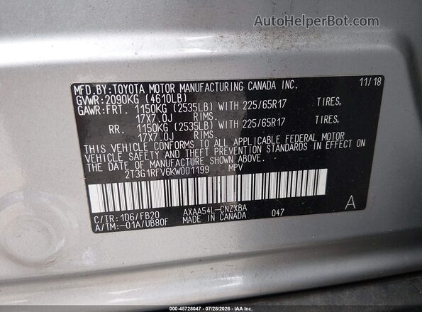 2T3G1RFV6KW001199 2019 TOYOTA RAV4 Silver Widok komory silnika
