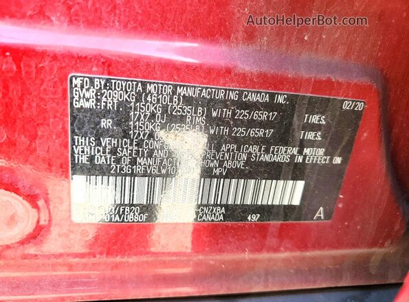 2T3G1RFV6LW107590 2020 TOYOTA RAV4 Red Widok naklejki z numerem VIN