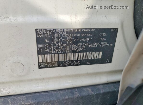 2T3G1RFV7LC115182 2020 TOYOTA RAV4 Белый Панорамный вид салона 360°