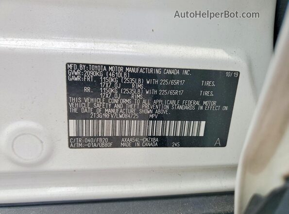 2T3G1RFV7LW084725 2020 TOYOTA RAV4 White 360 interior view