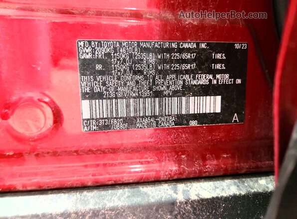 2T3G1RFV7RW413951 2024 TOYOTA RAV4 Red VIN კოდის სტიკერის ხედი